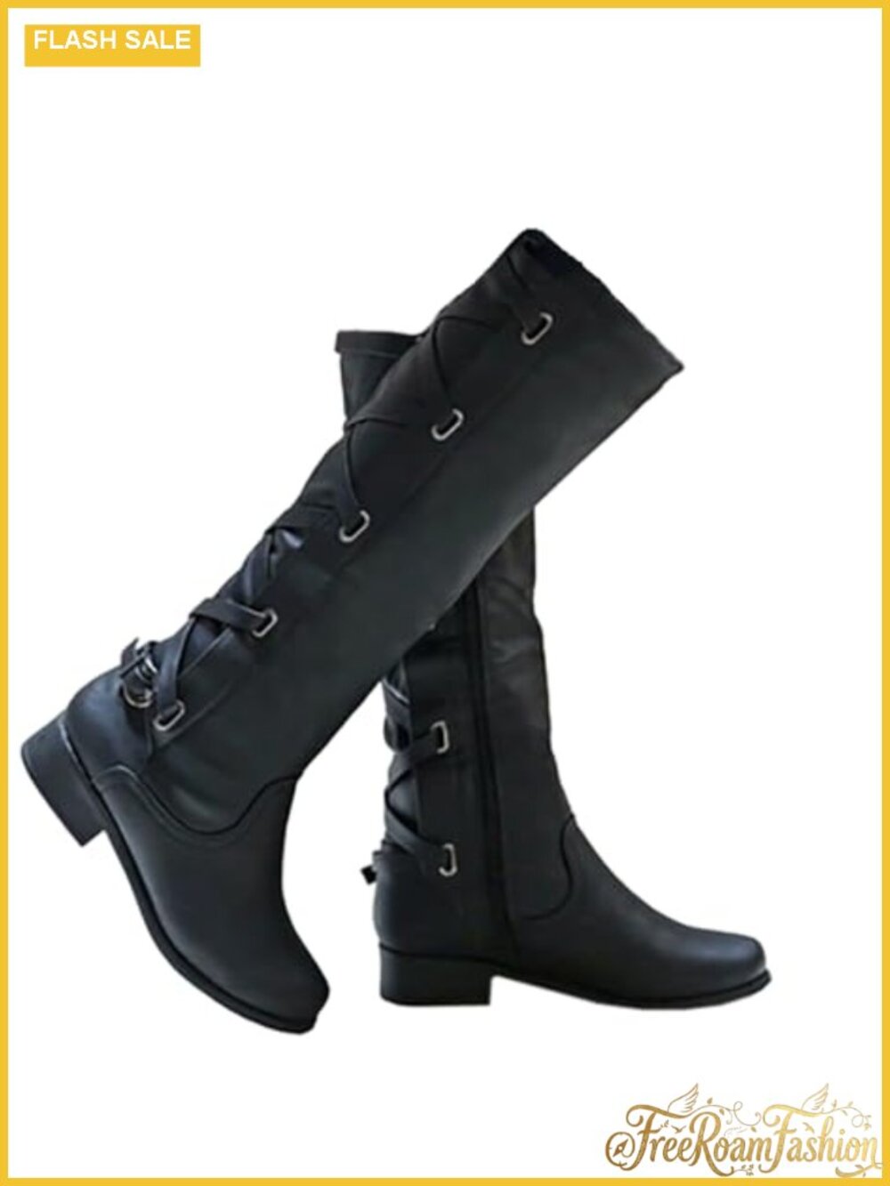 Womens Lace Up Knee High Motorcycle Boots Faux Leather Low Heel Riding Shoes